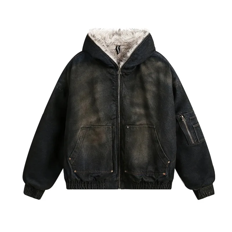 American High Street Vintage Denim Jacket Men Winter Thick Warm Jacket for Men Fashion Streetwear Zip Up Hoodie Coats Clothing