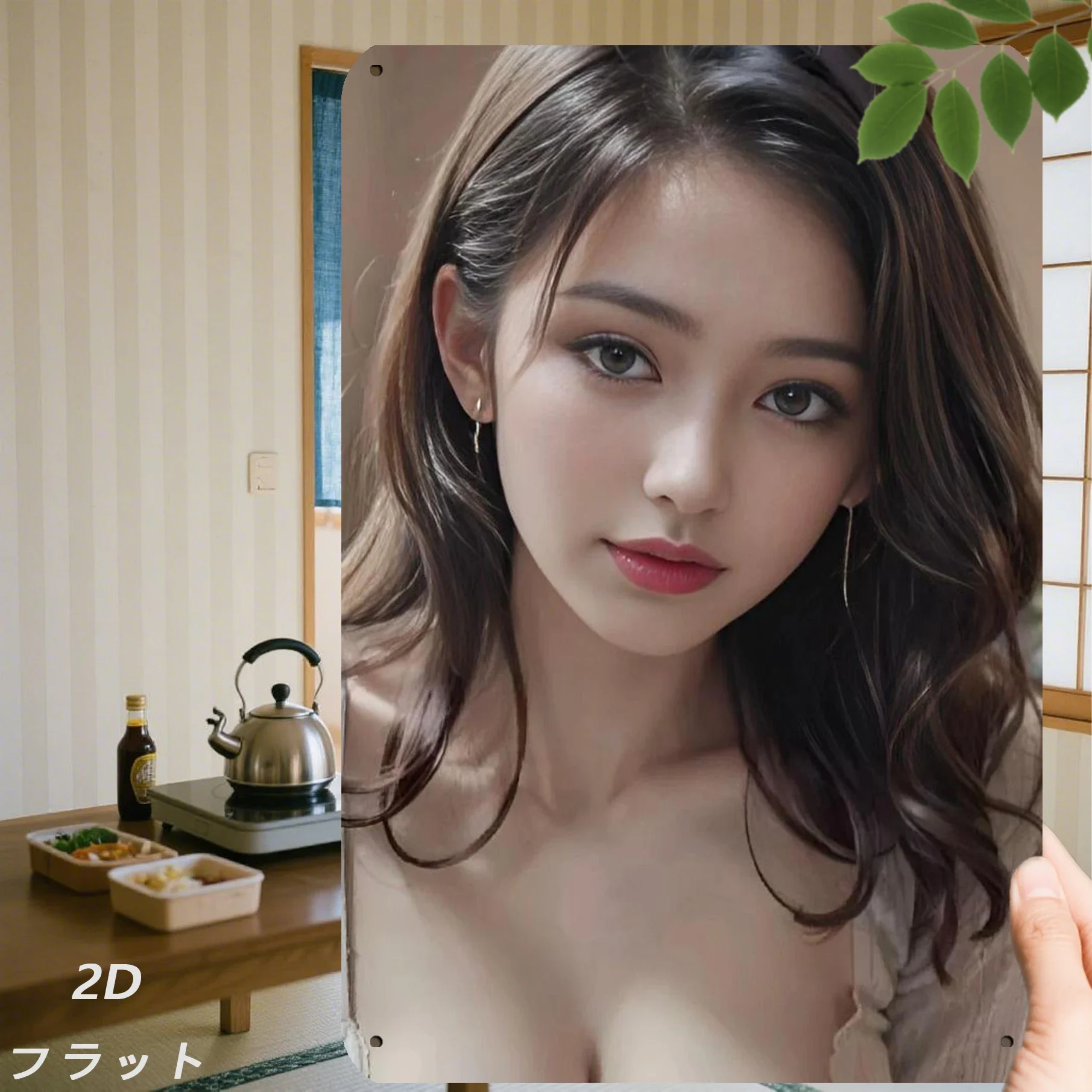 2D Flat Style Elegant Asian Beauty with Wavy Hair Tin Painting - Soft Neutral Background Metal Wall Art Decor - Alluring Pin-Up