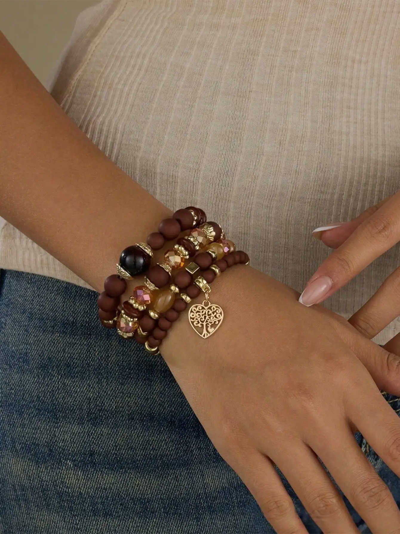 4pcs/Set Bohemian Style Multilayer Bracelet Set With Heart,  Tree Of Life, Acrylic Beaded Pendants, Suitable For Women's Daily Wear, Events, Parties