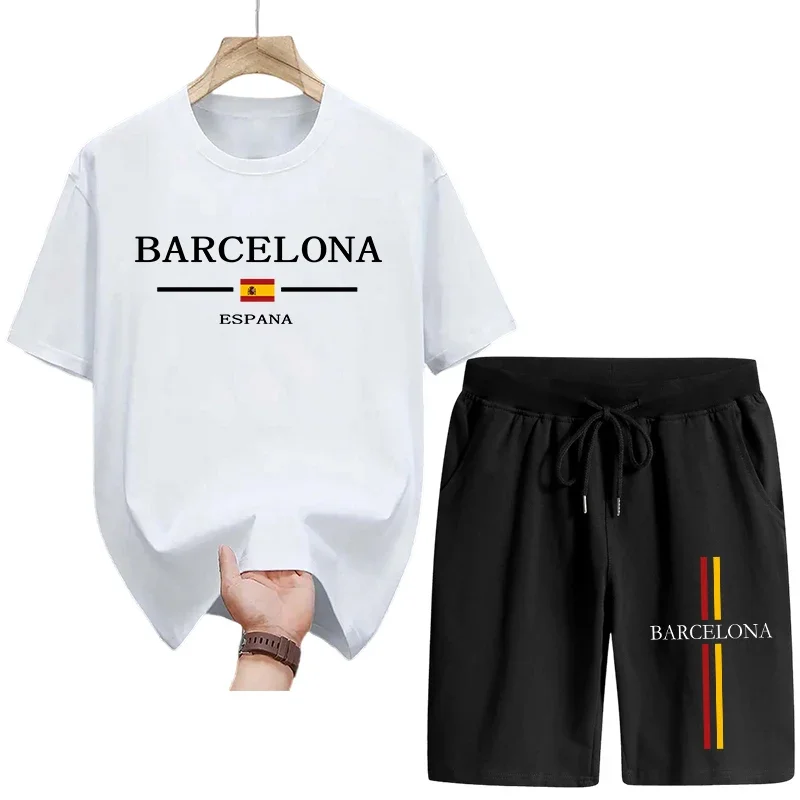 

Мужской спортивный костюм 2026: модный летний комплект из футболки с принтом и шорт из чистого хлопка