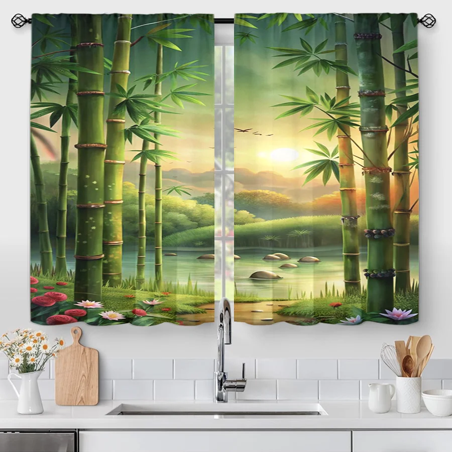 2PCS Bamboo Forest Sunrise Print Curtains, Zen Nature Landscape Green Window Drapes for Bedroom Living Room Decor