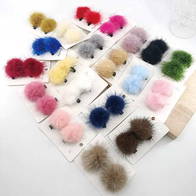 2 PCS 4cm Mink BallSweet Women Colorful Young Netizen Simple Y2k Girl Solid Cute Plush Accessories Bangs Hairpin Hair Clips