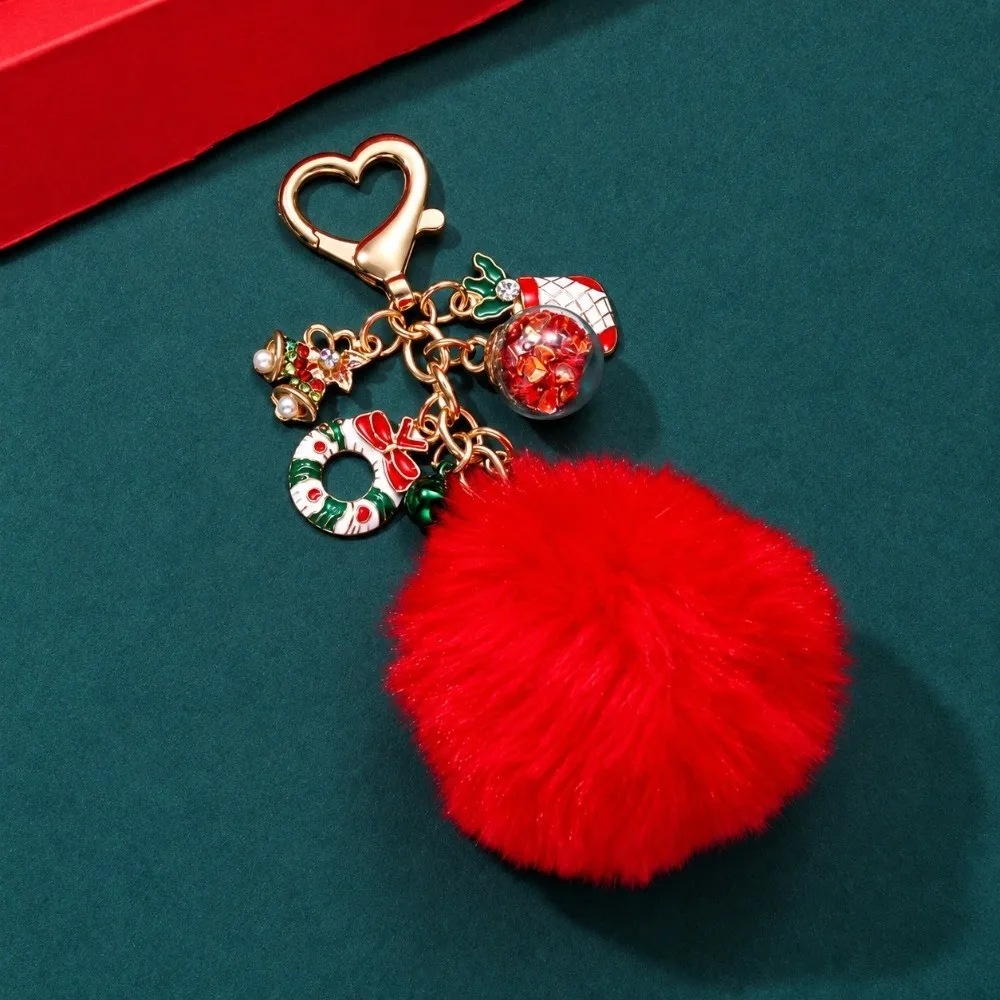 Stylish Soft Plush Fluffy Ball Keychain Heart Clasp Snowflake Bell Christmas Keychain Versatile Elegant Bag Charm Holiday