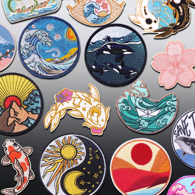 Outdoor Wave Japan Lucky Cat Patch, bestickte Aufnäher für Kleidung, Mount Fuji, Kirschblüten, Aufnäher zum Aufbügeln, thermoadhesiv