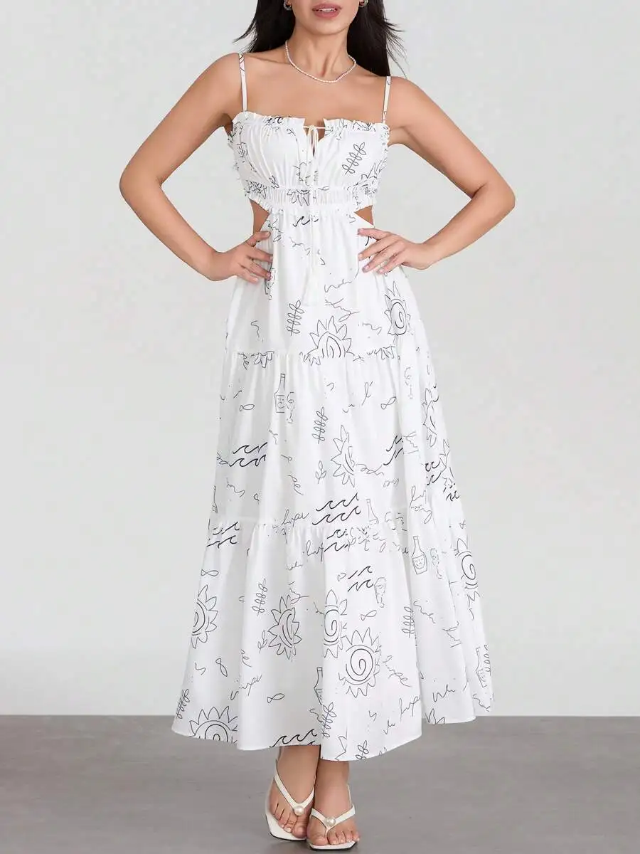

Women Summer Spaghetti Strap Graphic Print A-Line Long Dress Beach