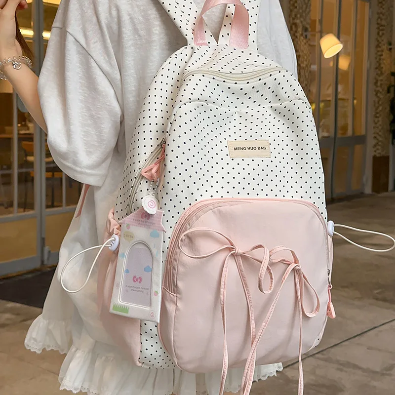 حقيبة ظهر لطيفة وجميلة للفتيات، حقيبة مدرسية للطلاب، حقيبة ظهر خفيفة الوزن من النايلون بألوان متباينة منقطة لطيفة #1