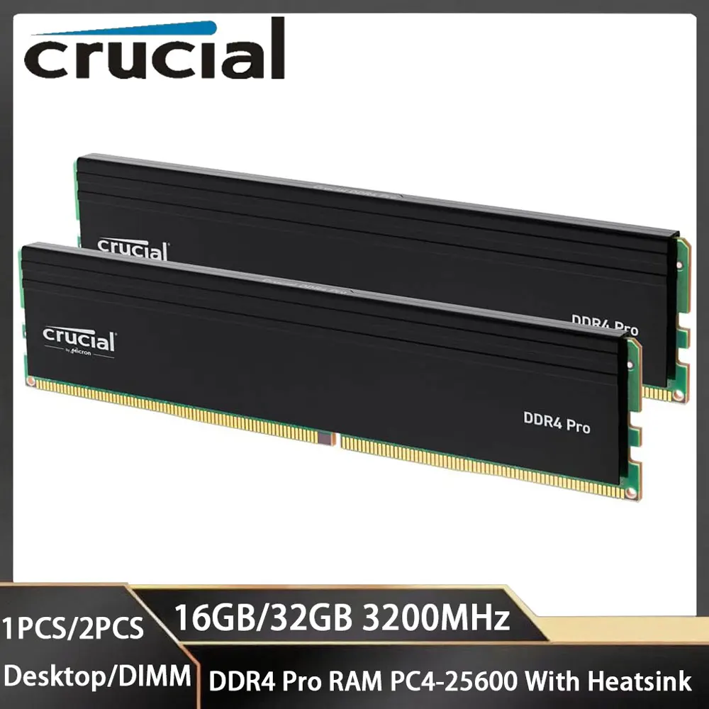 

Оперативная память Crucial Memoria DDR4, 16 ГБ, 32 ГБ, 64 ГБ, комплект (2x32 ГБ), 3200 МГц, настольная память PC4-25600 UDIMM, 288 контактов, 1,2 В для ПК Intel AMD DIMM