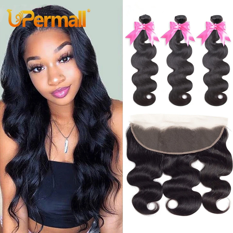 

Upermall 2/3/4 Body Wave Human Hair Bundles With Frontal HD Transparent Pre Plucked 13x4 Lace Closure And Soft Weave Extensions