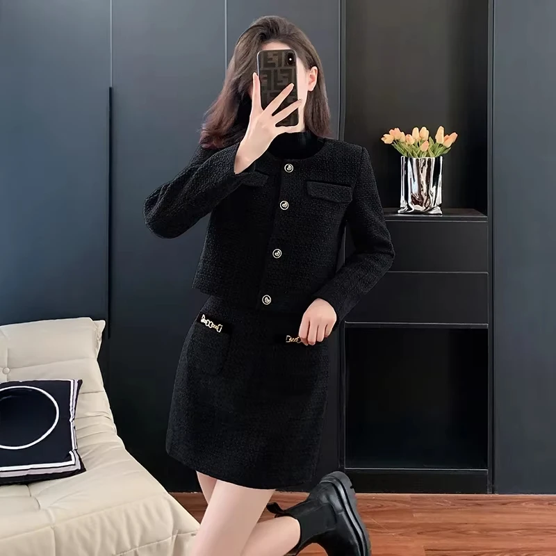 Fashionable Tweed Style Skirt Suits 2025 Autumn Winter New Long Sleeves Coats Red Coarse Tweed Bodycon Skirt 2-Piece Set Women