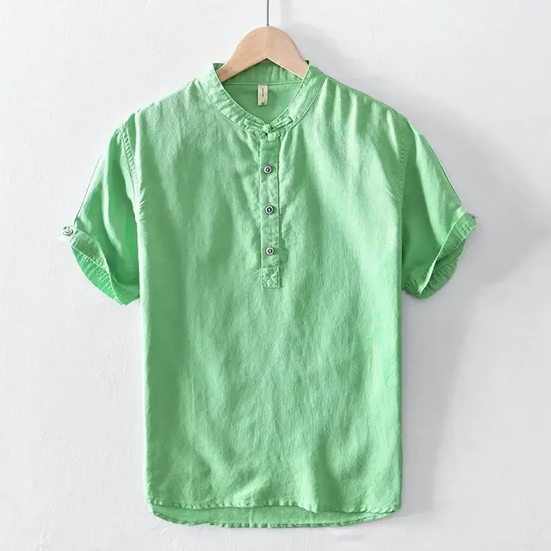 

Летние рубашки с коротким рукавом, мужские японские ретро повседневные хлопковые льняные рубашки 5XL, дышащий топ, однотонный пуловер, мужская рубашка с воротником-стойкой