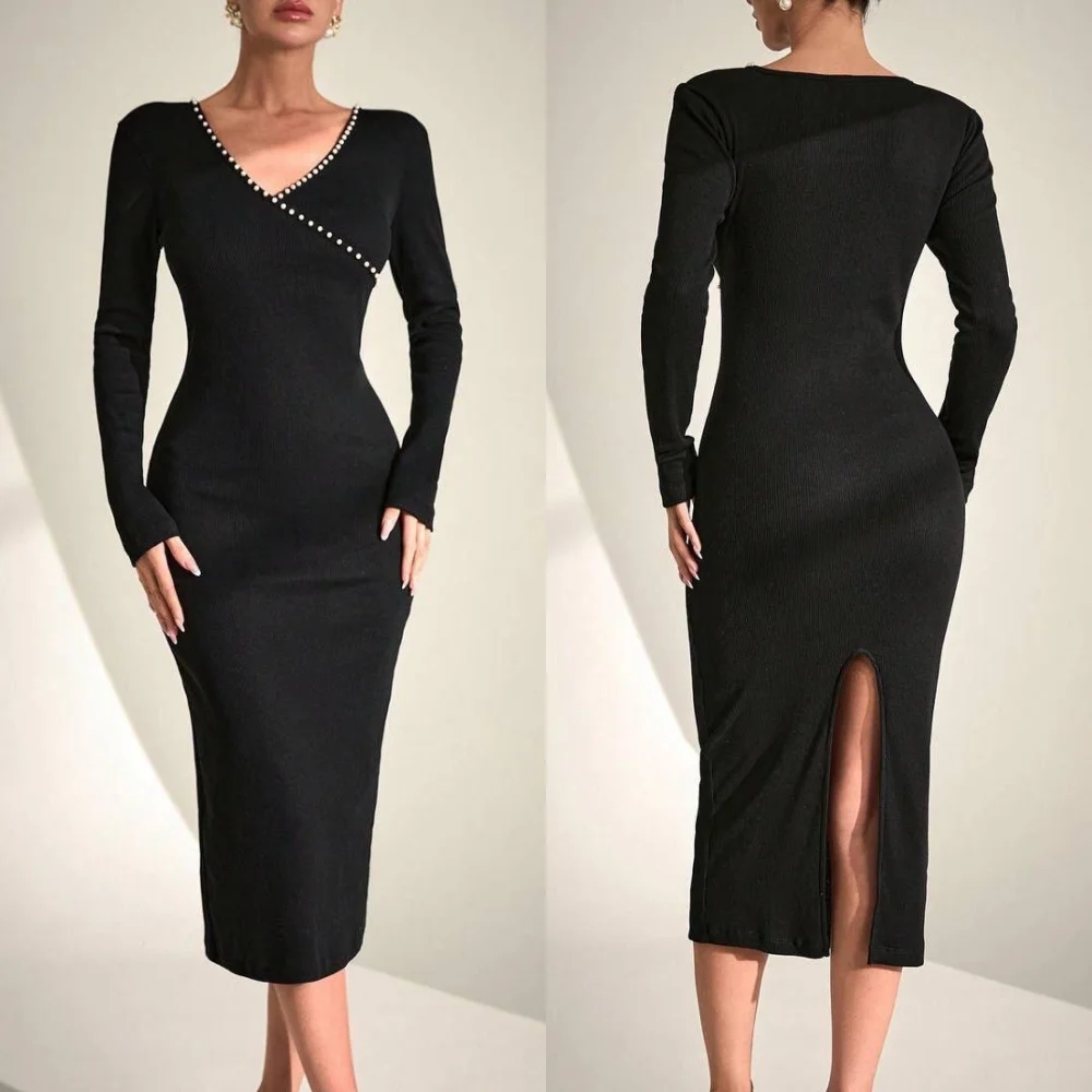 

Customized Modern Style Classic Jersey Beading Pleat Column V-neck Tea Length Dresses Evening Dresses High Quality Matching Sexy