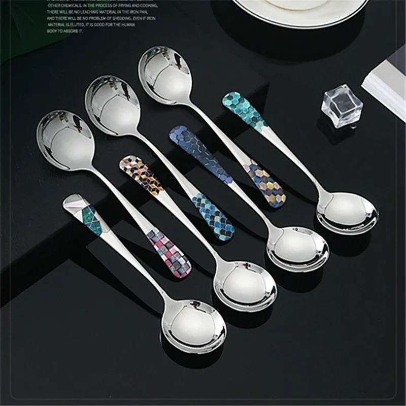 3D Flowers 304 Stainless Steel Soup Round Spoon Dessert String Stickers Korea Household Rice Spoons Beauty Table Decoration