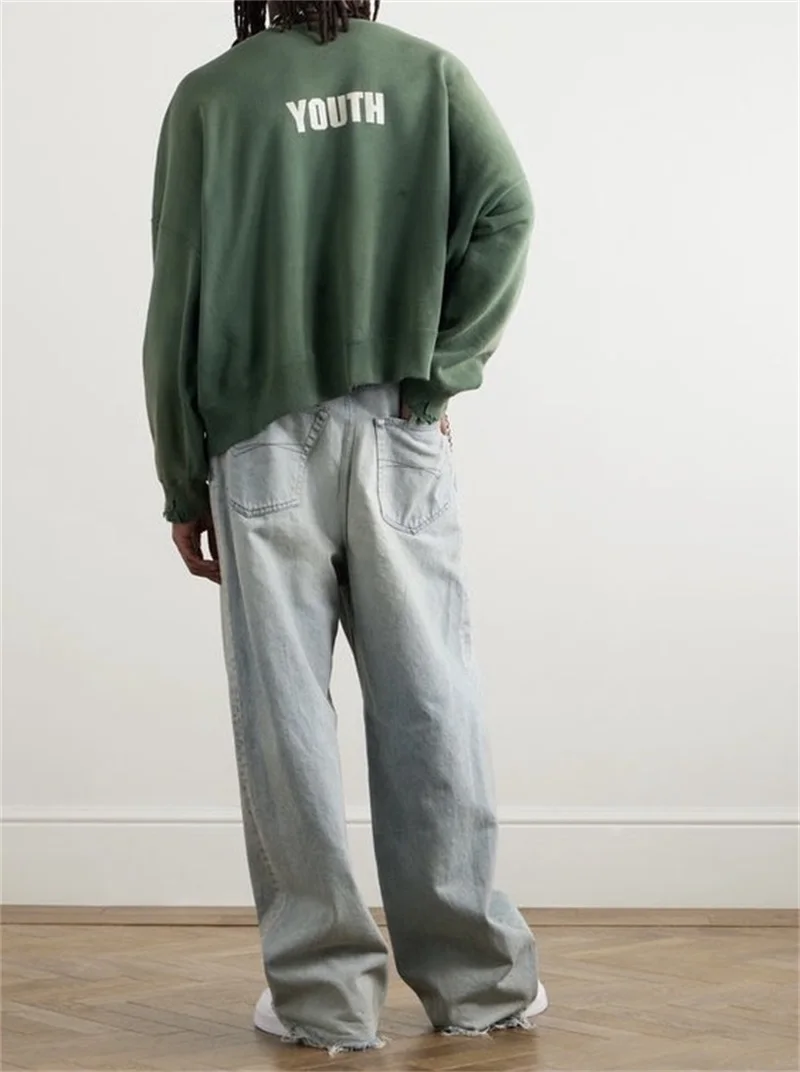 سترة سانت ميشيل بياقة مستديرة، تصميم عتيق بغسيل ثقيل مع طباعة حروف، ملابس فضفاضة عصرية للجنسين بأكمام طويلة #5