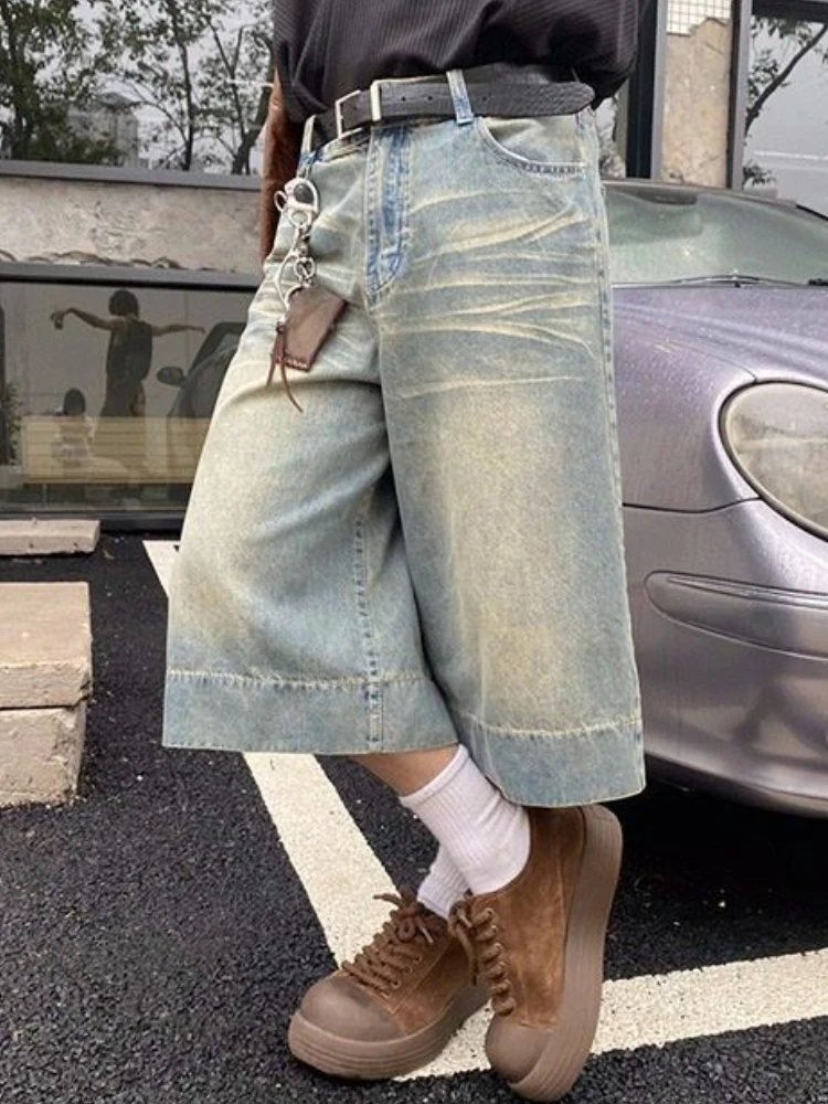 Short en Jean Bleu Délavé pour Homme et Femme, Baggy, Taille Haute, Streetwear Coréen, Jambes Larges, Denim, Vintage, Y2k, 2024