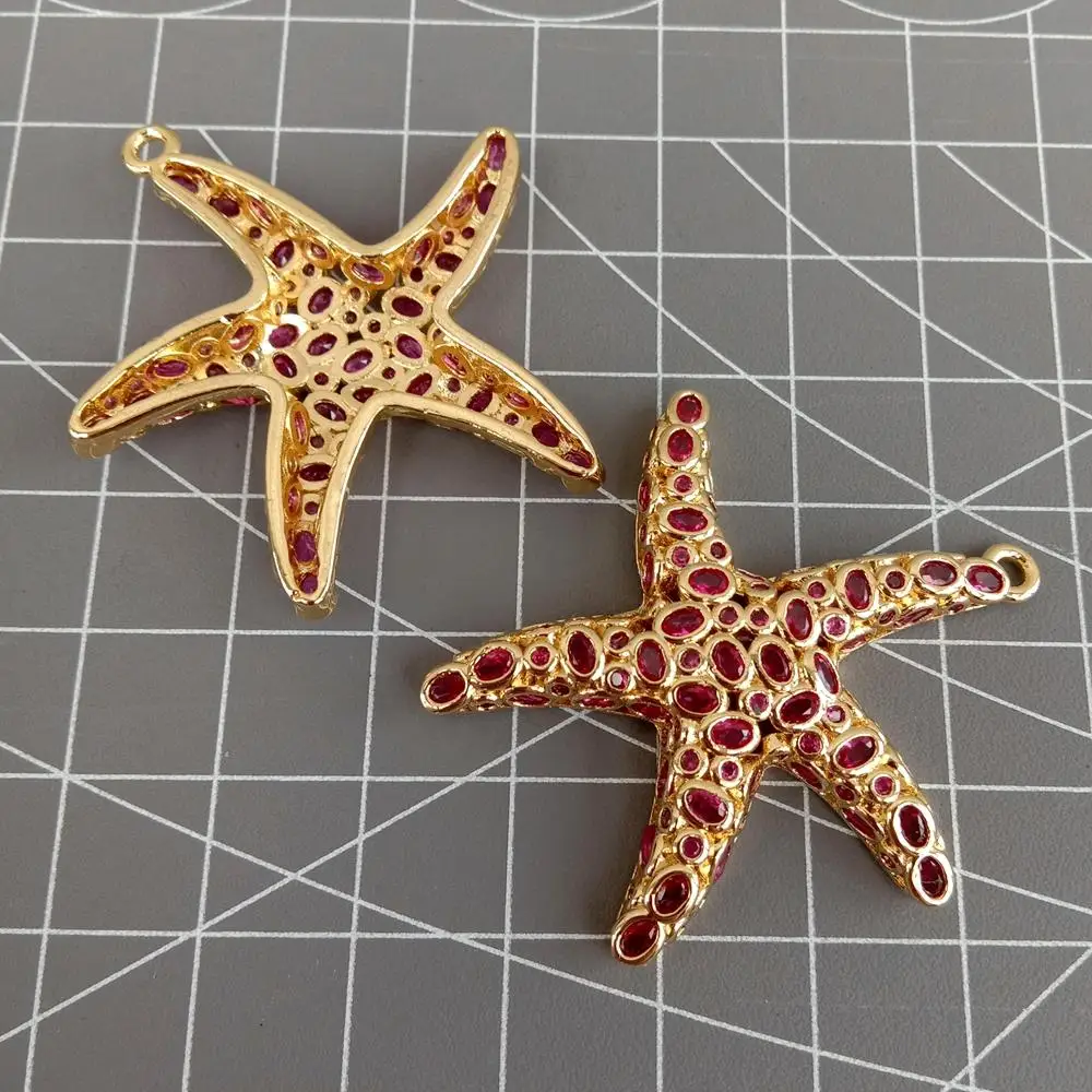 3 Pcs 40x40mm High Quality Brass Fuchsia Cubic Zirconia Sea Star Charms Pendant