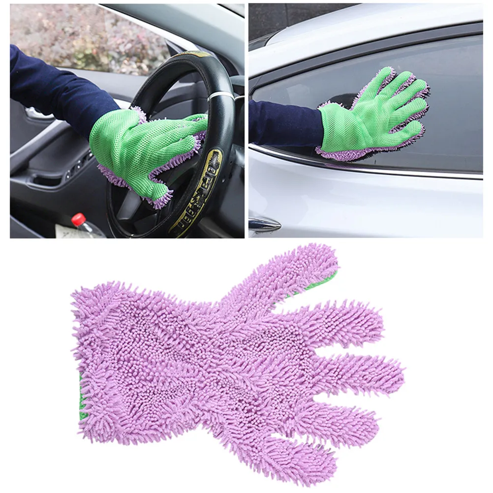 

Двусторонние перчатки-мочалки для мойки автомобиля из кораллового фибера, утолщенные, с пятью пальцами, зеленые/фиолетовые, с сильным водопоглощением, для автомойки