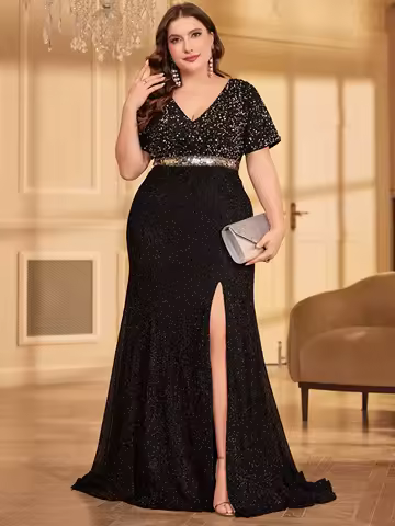 UNITHORSE Plus Size Shiny Thread Ladies' Dress with Slit Elegant Evening Gown for Women