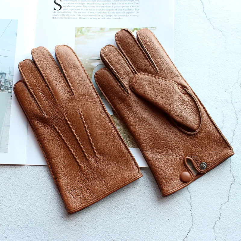 Guantes de piel de venado para hombre, pantalla táctil de cuero de alta calidad, forro de lana fino cosido a mano, mantiene el calor en otoño e