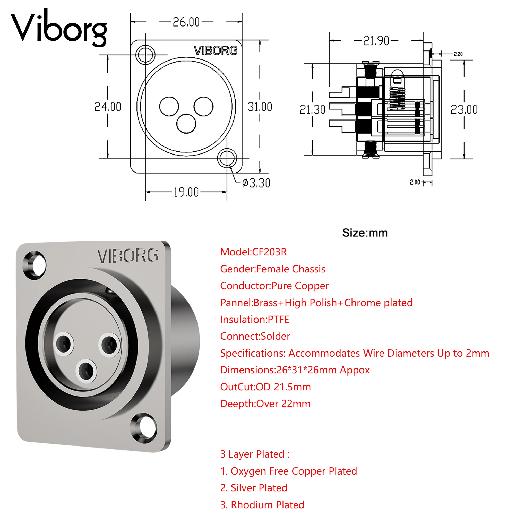 1pc Viborg CM203G CF203G CF203R Reinem Kupfer Gold XLR 3pin Männlich Weiblich Panel Mount Buchse XLR Ausgewogene Stecker kopfhörer AMP DIY – Detail 2