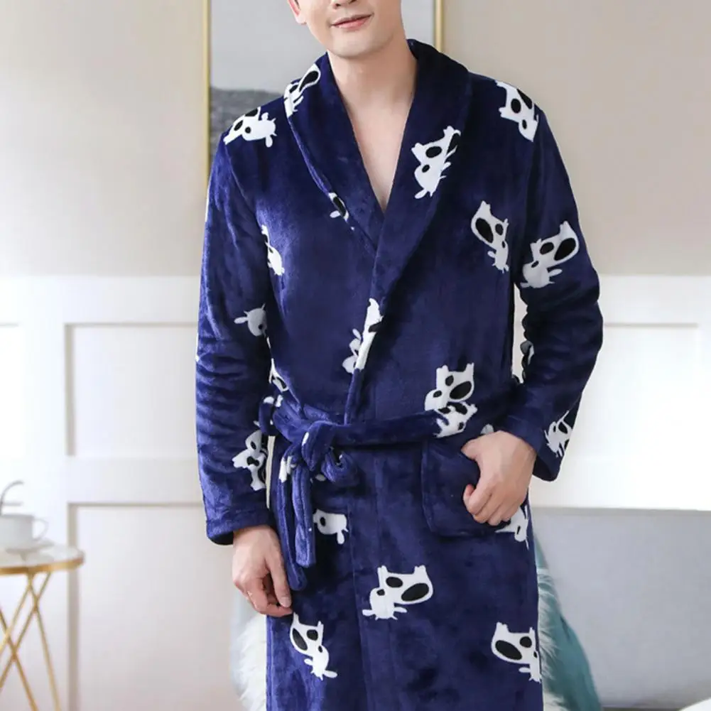 Men Winter Nightgown Thick Plush Print Unisex Coral Fleece Great Water Long Sleeve Tie Waist Pockets Women Men Robe Bathrobe