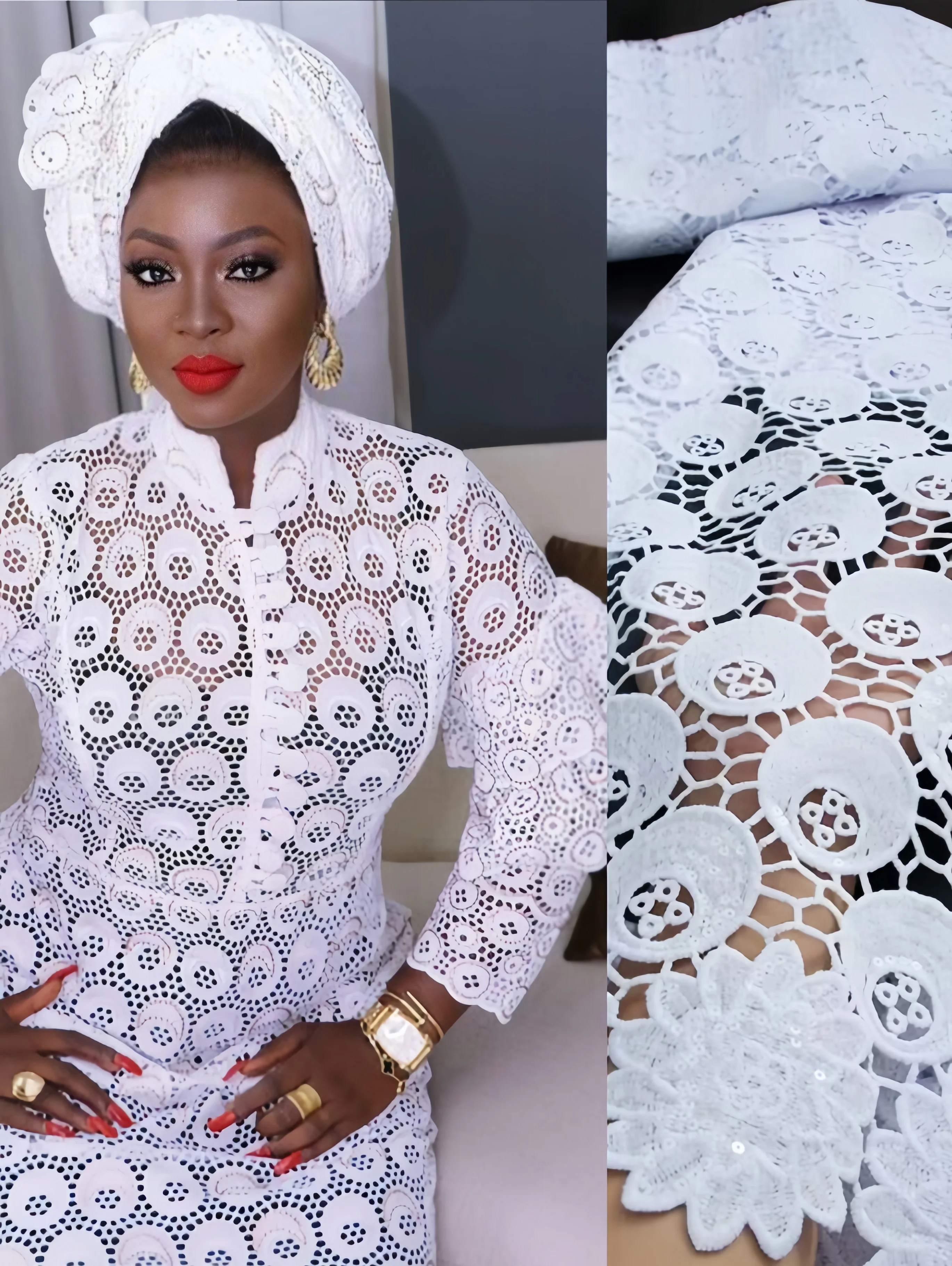 African Guipure Cord Lace Fabric 2023 High Quality Nigerian Lace Fabric White Lace Dress Material With Sequins For Party TY3287