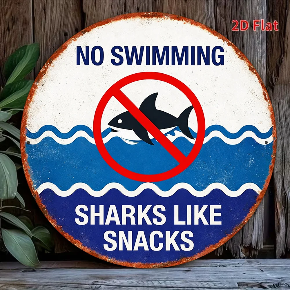 CIFBUY Retro Shark No Swimming Round Aluminum Wall Art Waterproof Rustproof Metal Decor for Beach Pool Vacation Home Man Cave