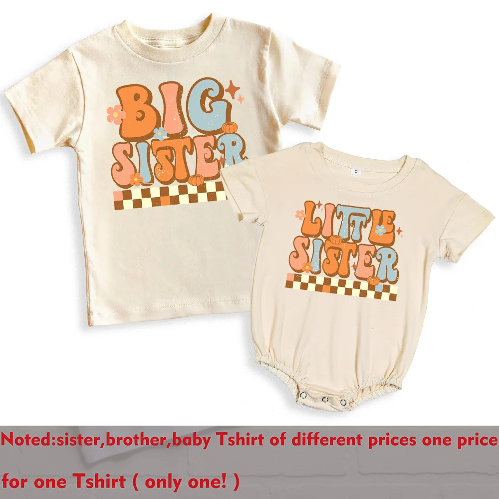 Big Brother Little Brother Print Family Matching Shirt Sibling Tops Outfit Retro Brother Sister T-shirt Baby Large Bubble Romper