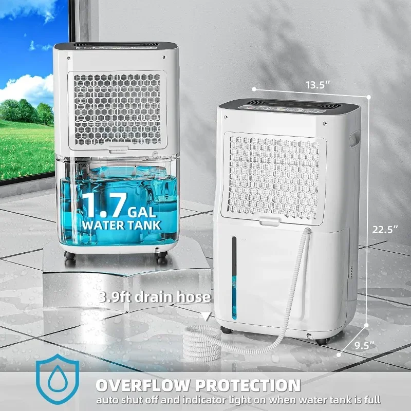 مزيل الرطوبة للأقبية والمنازل ، خرطوم الصرف ، خزان المياه ، التحكم الذكي في الرطوبة ، الحماية المزدوجة