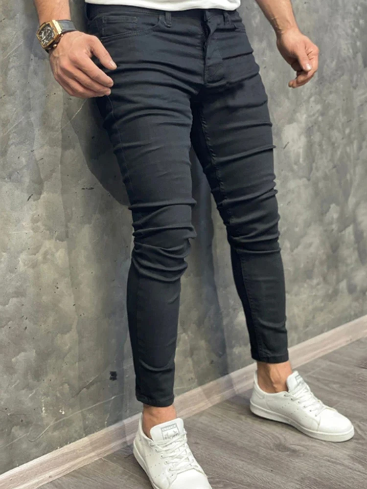 Nam Quần Jean Đen Mỏng Phù Hợp Với Quần Nam Dạo Phố Thời Trang Màu Xám Chặt Quần Jean Vintage Quần Skinny Co Giãn Jean Nam Thương Hiệu Quần Áo