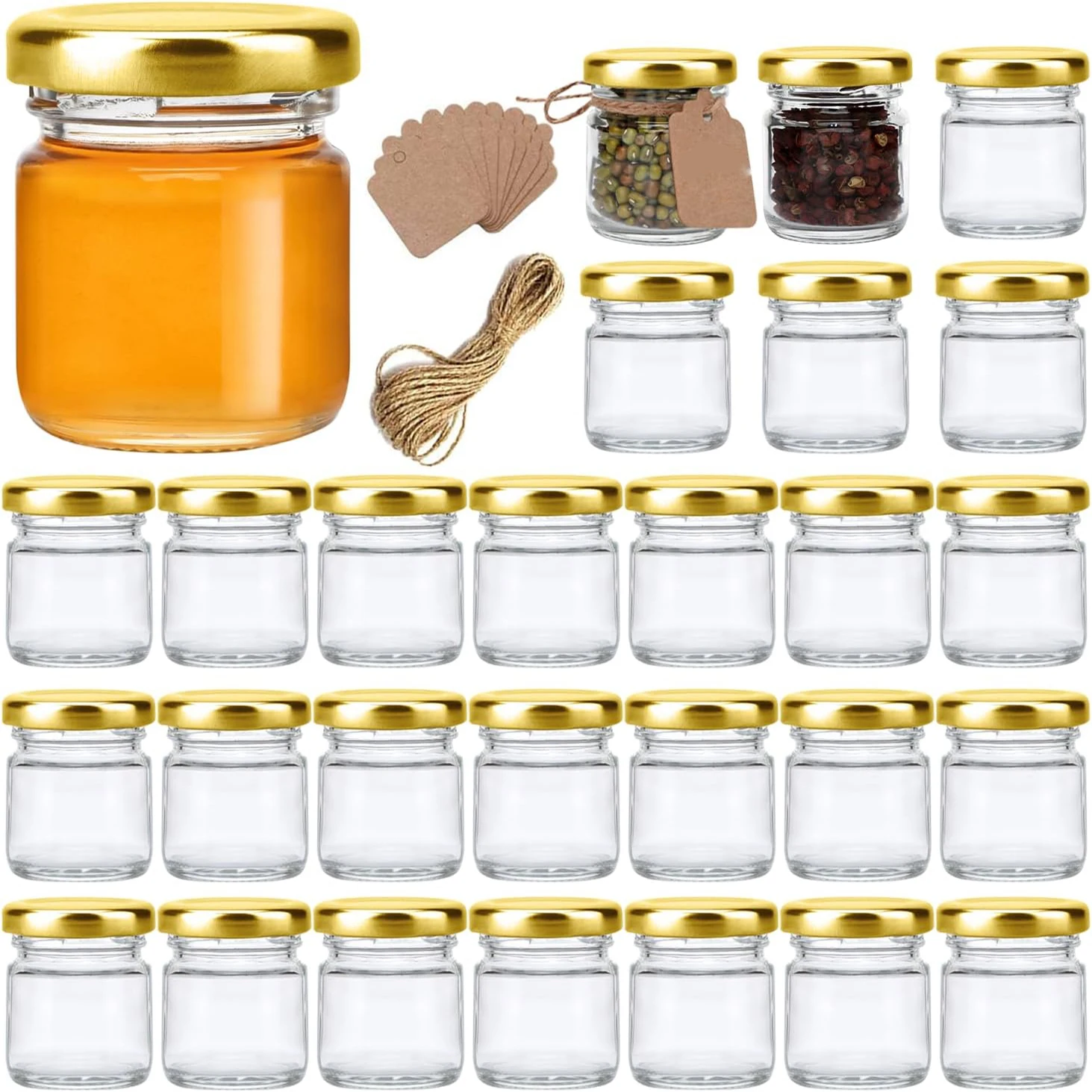 Mini Glass Jars Bulk Set of10/20,Round Small Honey Jars with Golden Lids, Canning Jar for Candle Making,Spice,Jelly,Jam,Wedding,