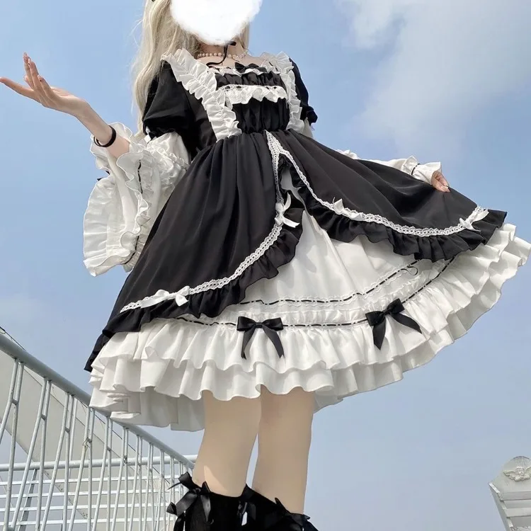 Japanese Op Lolita Vintage Dress for Women Detachable Long Sleeve Dresses Sweet Square Collar Bow Lace Vestidos De Mujer