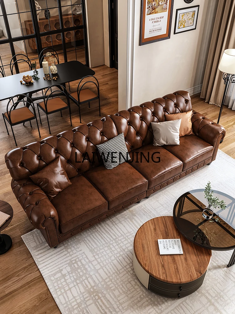 HLZ leather sofa three or four people straight row antique brown living room villa furniture