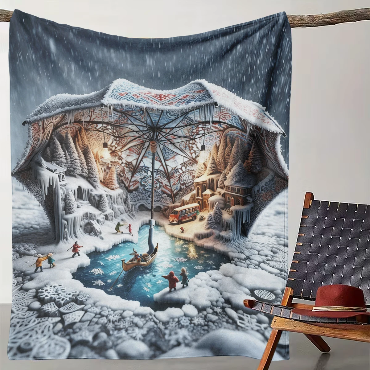 

1 Snow Umbrella Fairy Tale Town Blanket Suitable for Camping, Living Room, Office, Chair, and Bed
