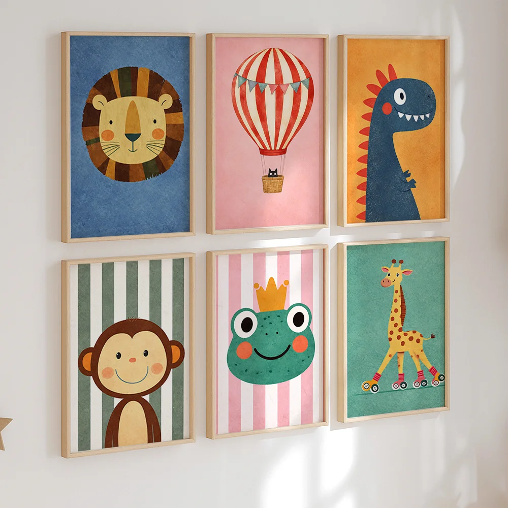 Fun Animal Balloon Poster Hanging - Tigers, Lions, Frogs, Bears, Cats; Neutral Tone Canvas Wall Art Decoration Poster