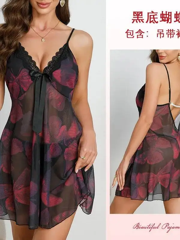 Sukienka klubowa z kwiatowym nadrukiem, na ramiączkach, transparentna, elegancka, seksowna, głęboki dekolt V, odkryte plecy, zdobiona perłami, koronkowa, urocza, czysta pożądanie YV1Y