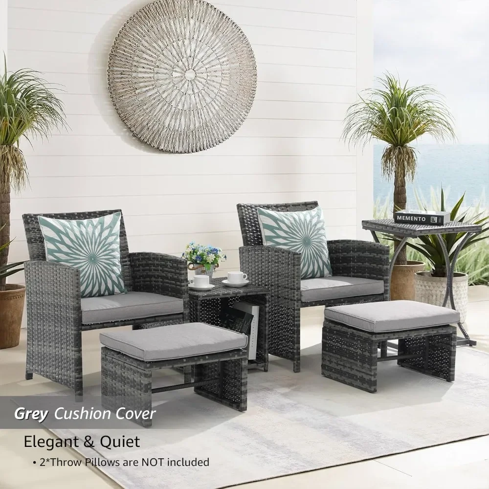 

6 Piece Patio Furniture Conversation Set with Ottoman, Outdoor Grey Wicker Chair and Table Set, Balcony Furniture for Apartments