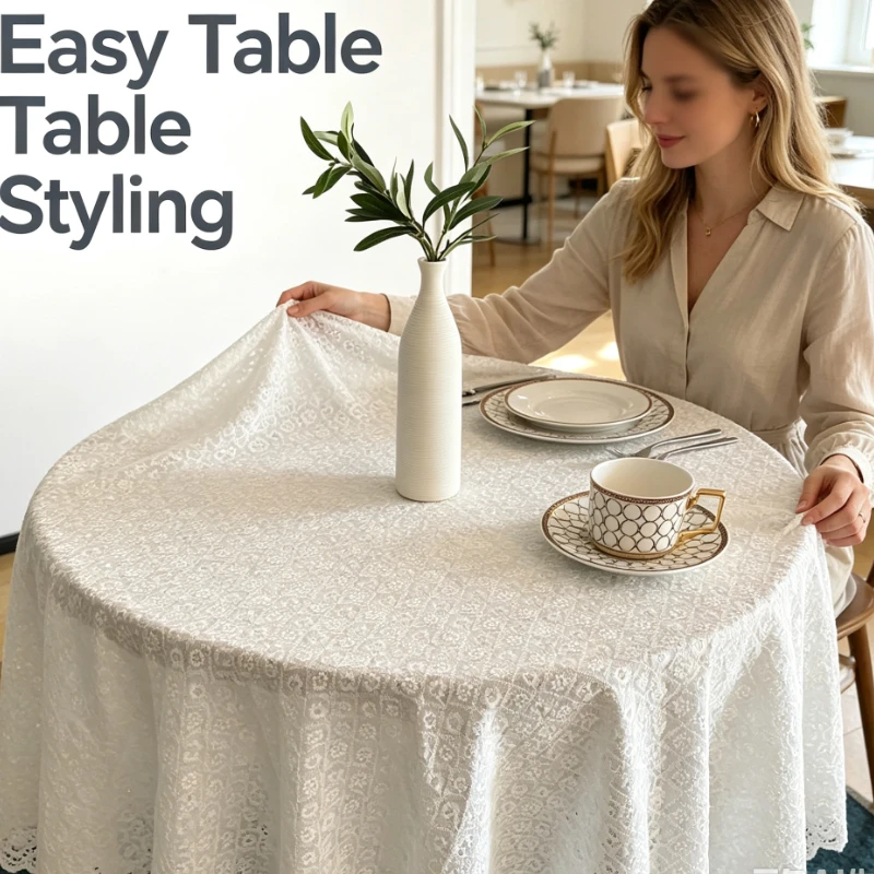 Round Jacquard Tablecloth With Textured Pattern And Elegant Drape For Dining Room And Afternoon Tea Setting