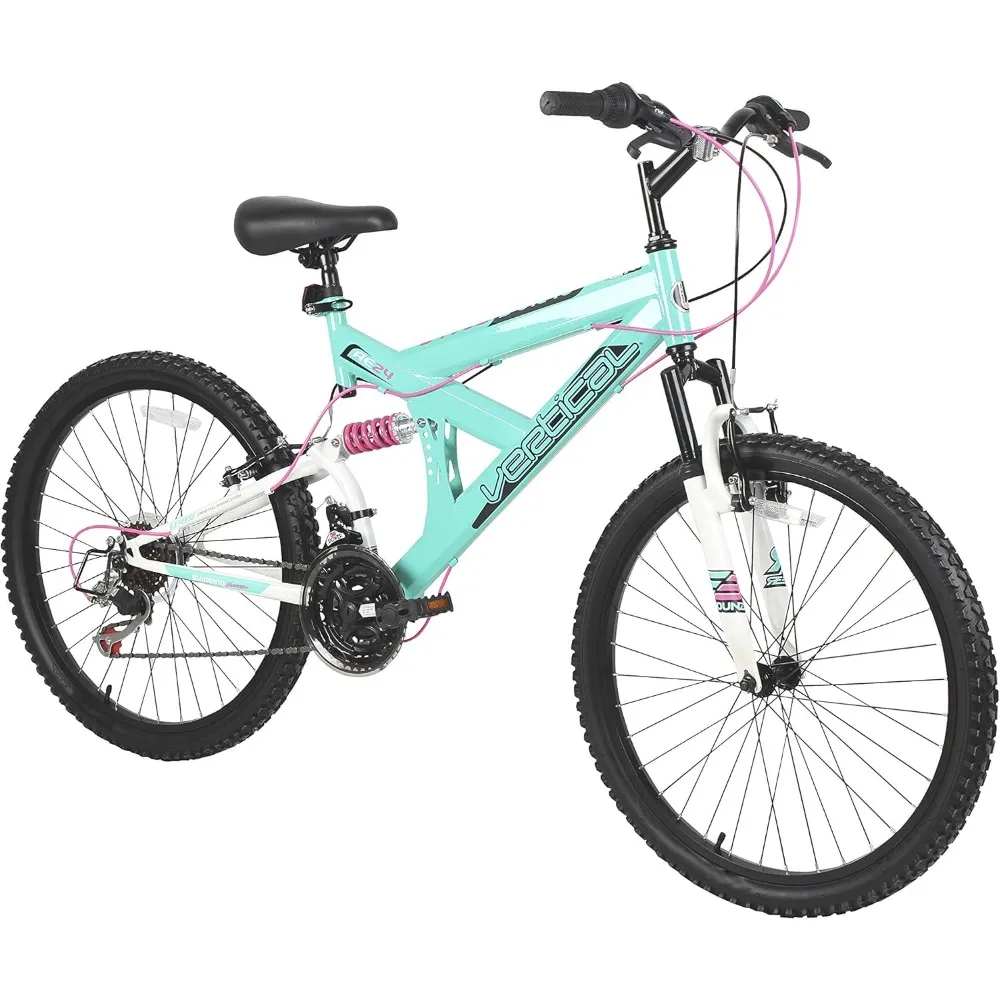 

Vertical Dual Suspension Mountain Bike Girls 24 Inch Wheels with 18 Speed Grip Shiter and Dual Hand Brakes in Teal and Pink