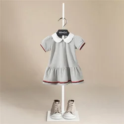 Summer New Leisure Sport College Style 1-7 Years Children Doll Collar Cotton Short Sleeve Dress for Kids Baby Girls  Dresses