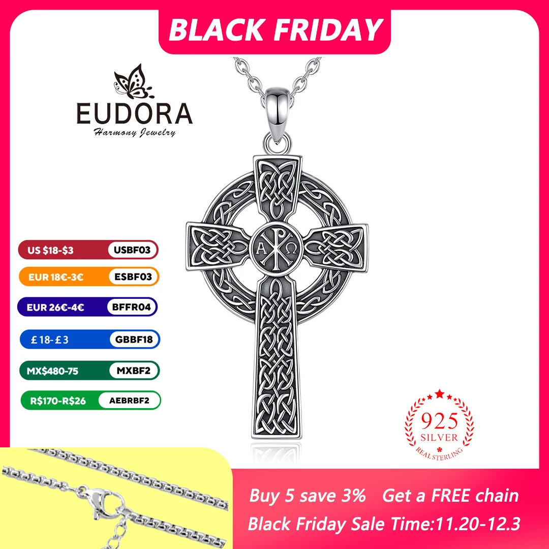 

Eudora 925 Sterling Silver Chi-Rho Celtic Cross Necklace Christian Amulet Pendant Religion Jewelry Vintage Gift for Men Woman