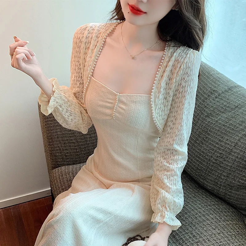 2024 Spring Summer Ladies Lace Shirts Sweet Long Flare Sleeve Beaded Collar Womens Short Cardigans Female Blouse Sunscreen Shirt