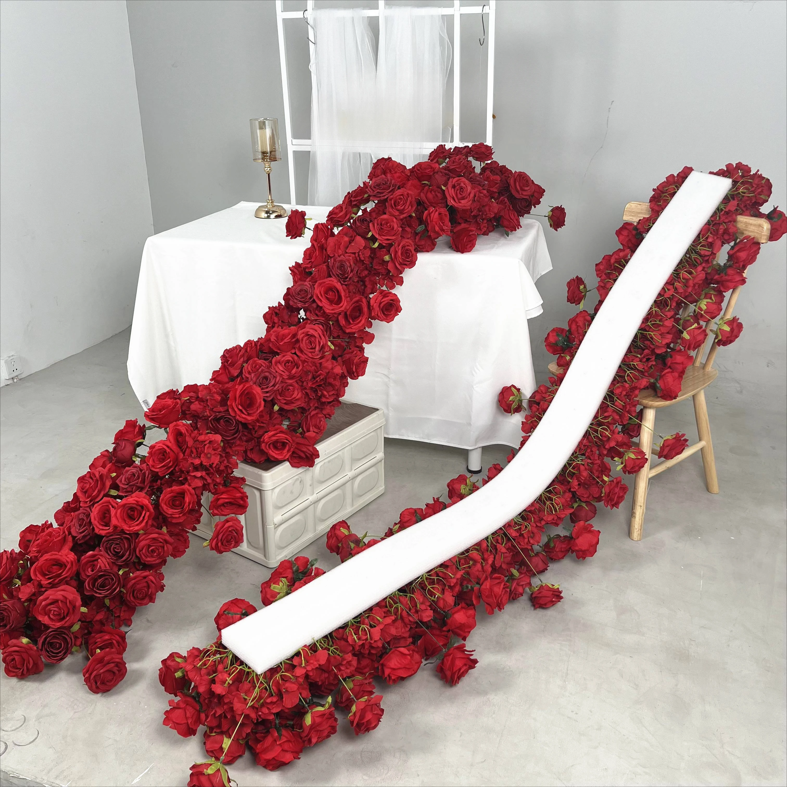 Artificial Red Rose Green Plants Flower Row Long Runner Wedding Backdrop Decor Floral Arrangement Party Props Table Centerpiece