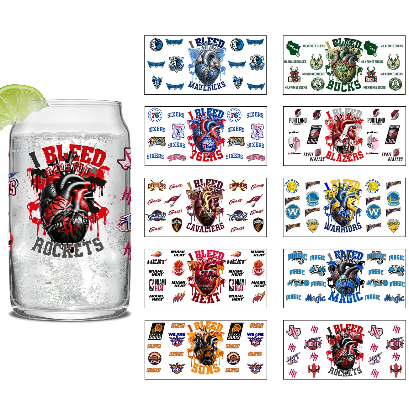 Basketball Team Series Easy peel waterproof DIY Decals 3D transfers uvdtf crystal stickers 16oz uv dtf cup wraps for Glasses