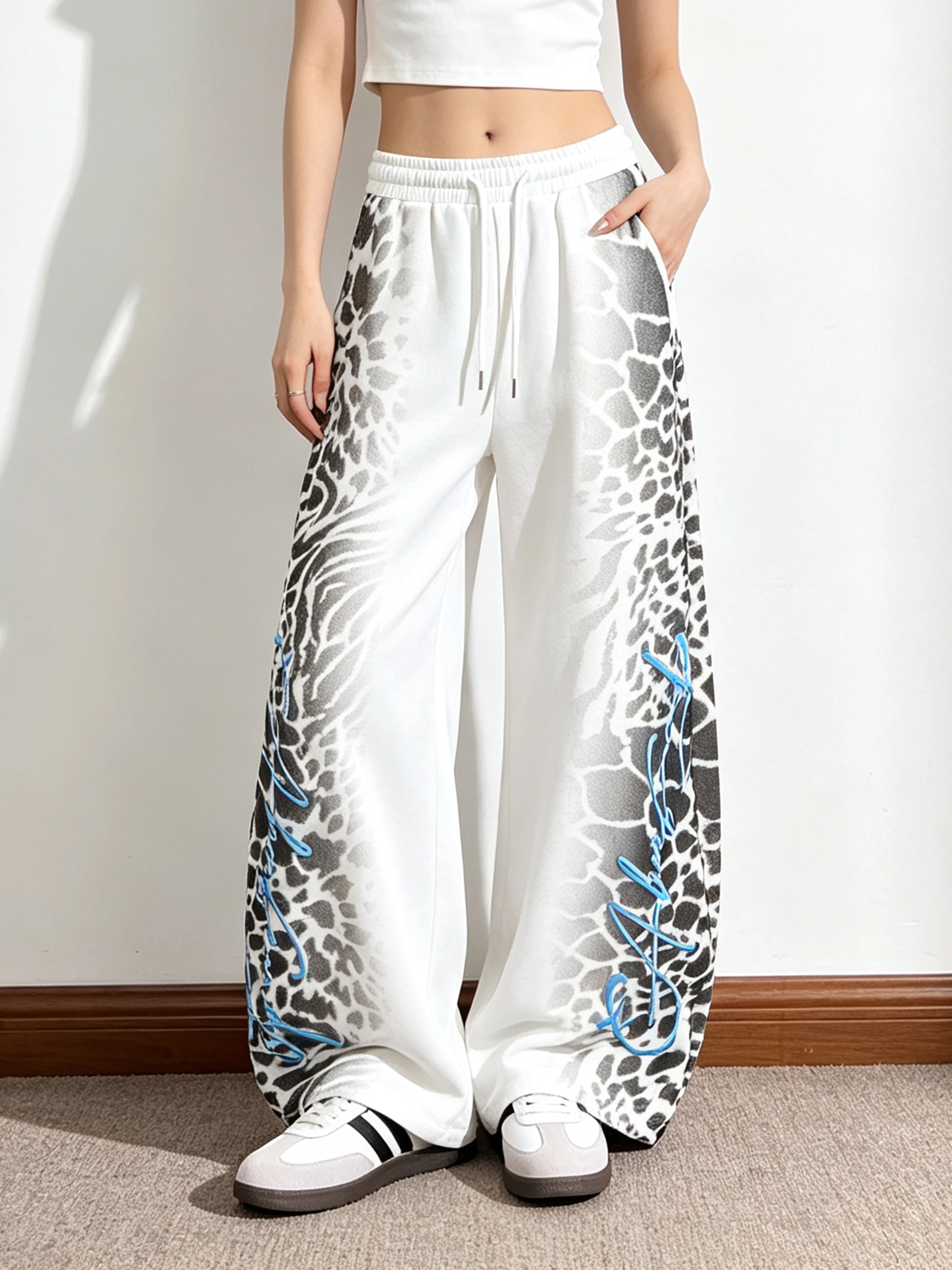 Casual Gradient Leopard Print Wide Leg Pants Drawstring Trousers Two-Way Wear Cotton Polyester Blend Asymmetrical Design