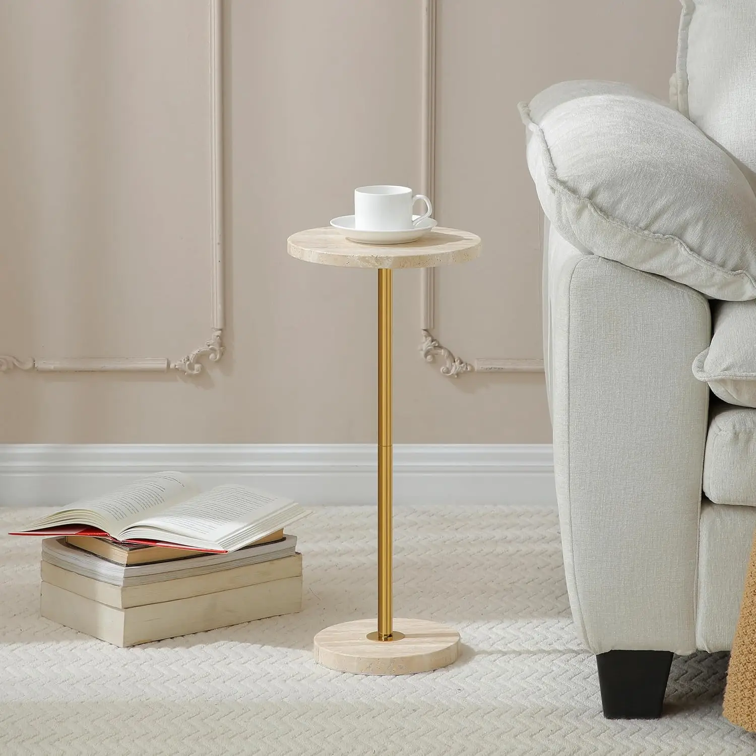 Round Drink Table, Stone Finish Top Pedestal End Table for Living Room, Weighted Base Accent Table, Small Side Table, Full Assem