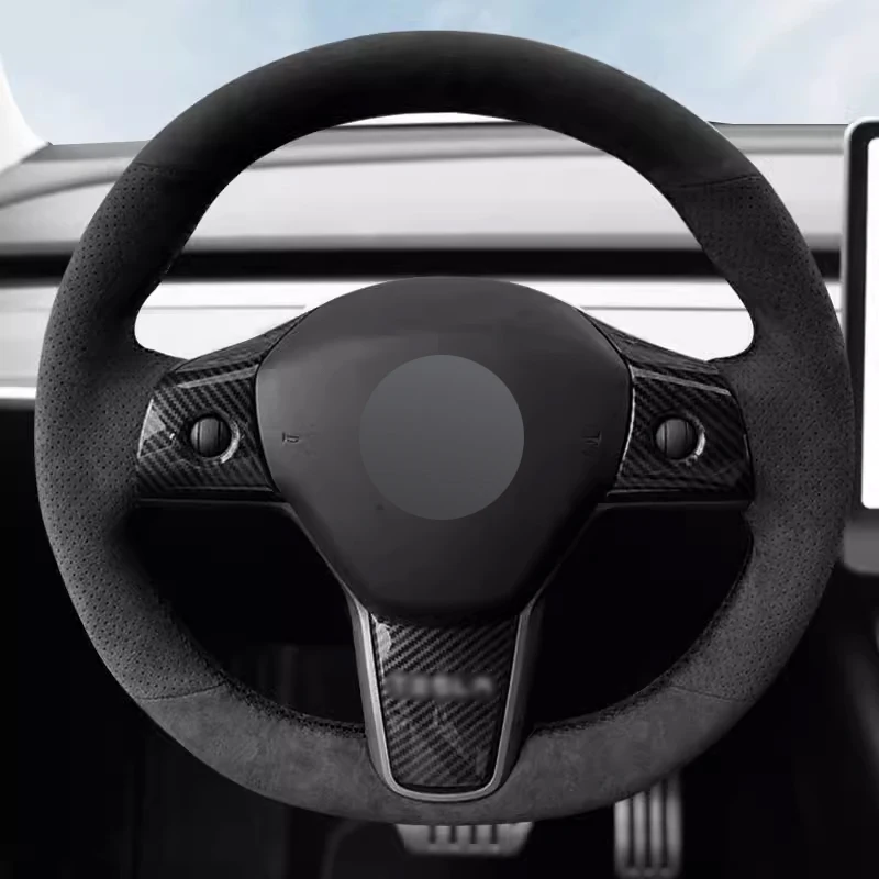 

Black Alcantara Car Steering Wheel Cover Full Wrap Hand Stitching with Black Thread Car Accessoires for Tesla Model Y Model 3