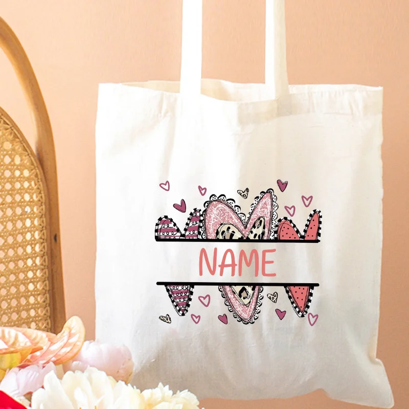 Personalized Name Canvas Tote Bags for Valentine Couple Custom Heart Design for Lover Special Gifts for Girlfriend Shopping Bag