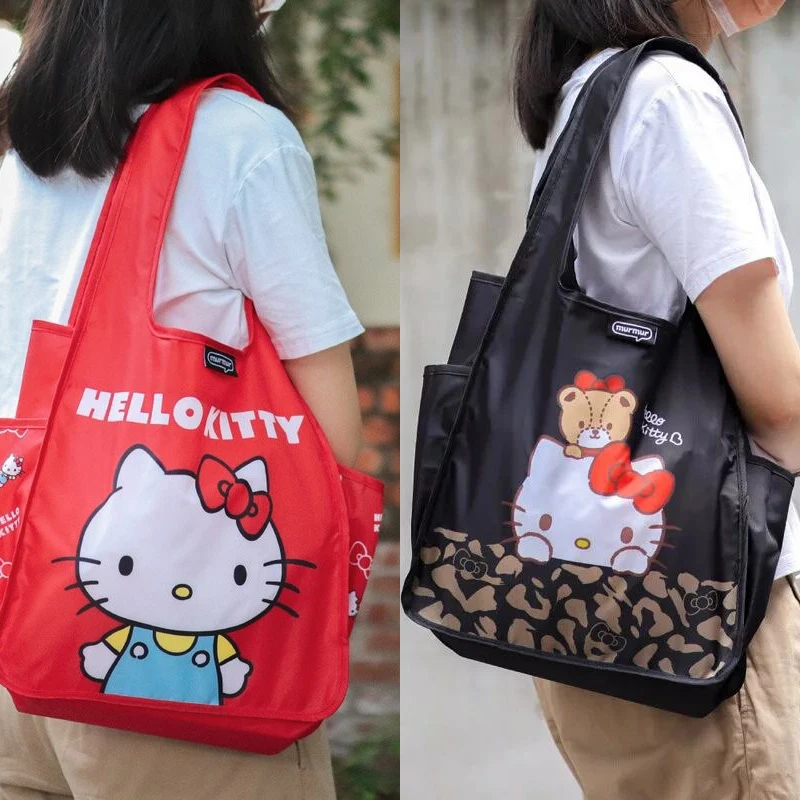

Большие сумки для покупок Hello Kitty, новые, мультяшные, милые, нейлоновые, складные, на одно плечо, с кошельком для монет, комплект из двух предметов, сумка-тоут