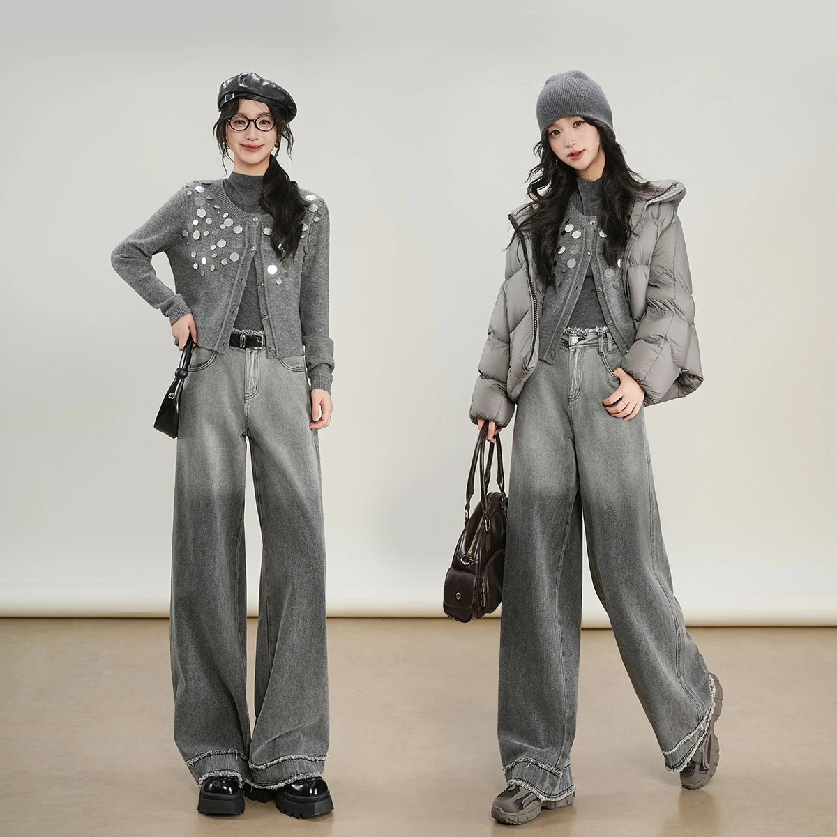 LOUIS YAO nouveau dégradé jambe droite pantalon 2025 automne jean taille haute effiloché ourlet conception longue longueur femmes Denim pantalon