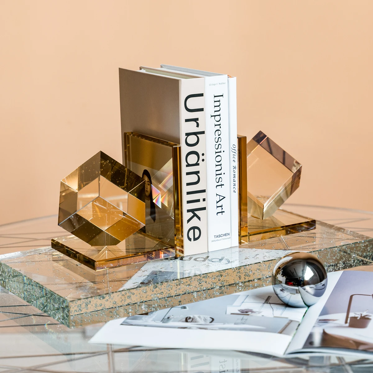 Luxury Modern Geometric Cube Amber Crystal Ornament Bookcase Decor Bookend Creative Decoration Desktop Accessories Artwork Gifts